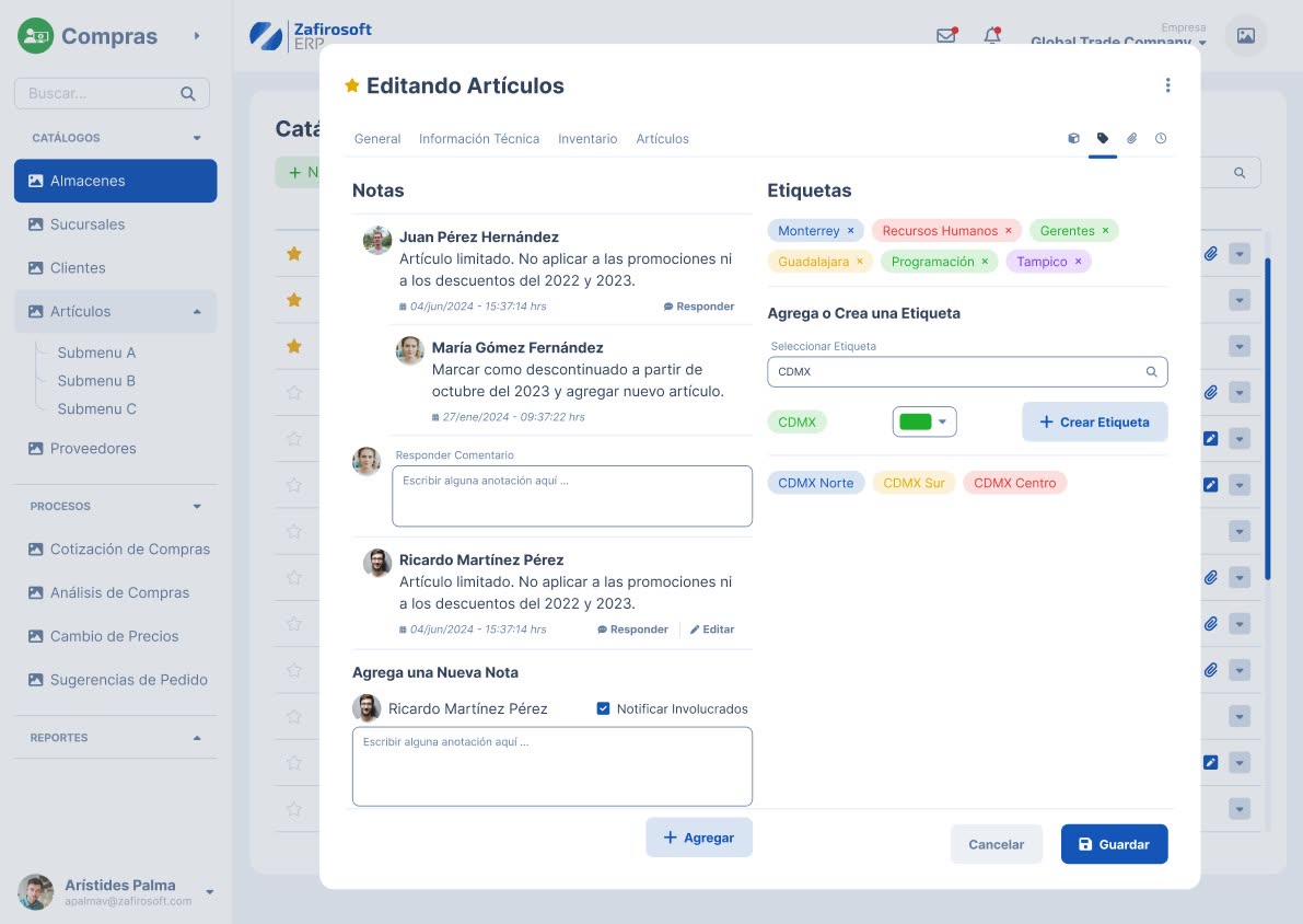 Conversaciones internas en Zafirosoft ERP